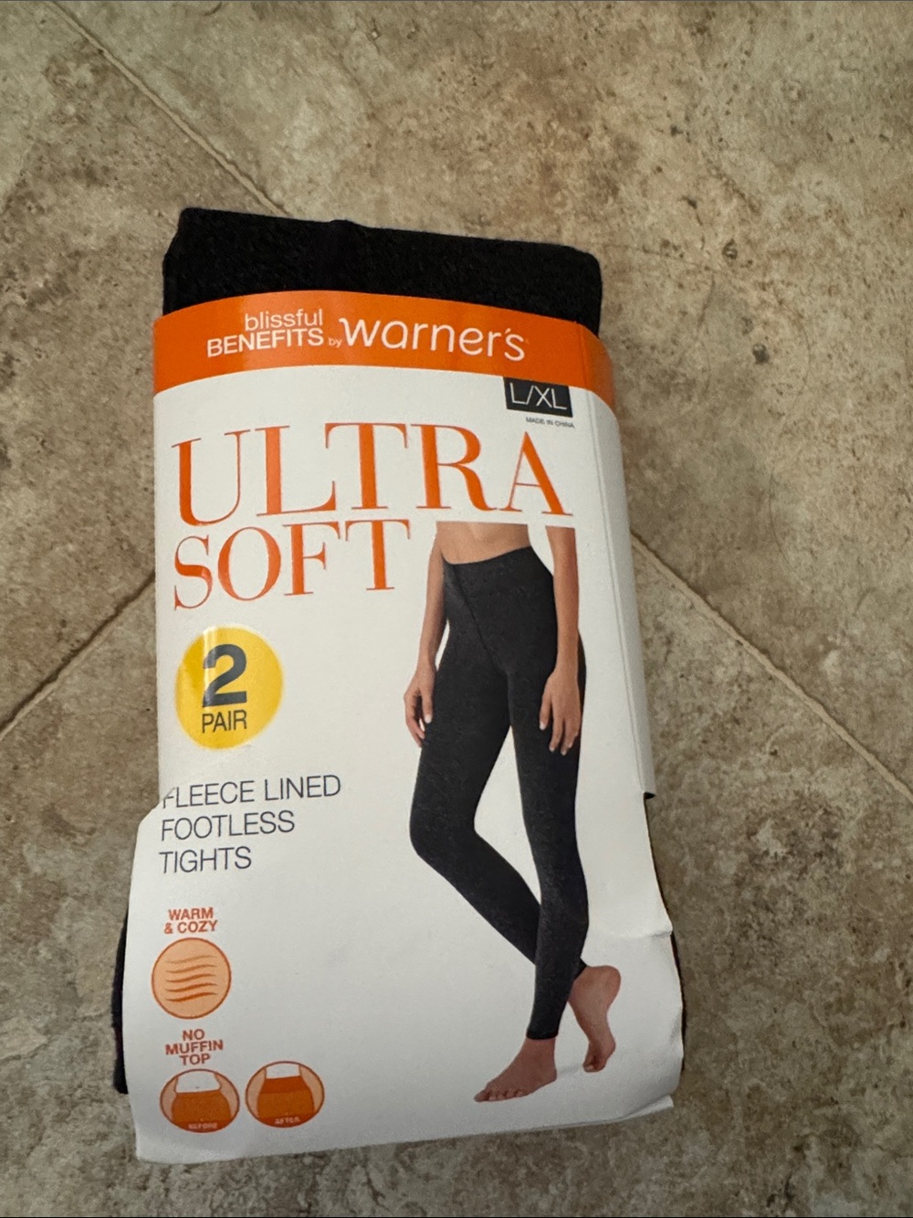 2 pack woman’s Warner's Ultra Soft Fleece-Lined Footless Tights- Black/gray L/XL